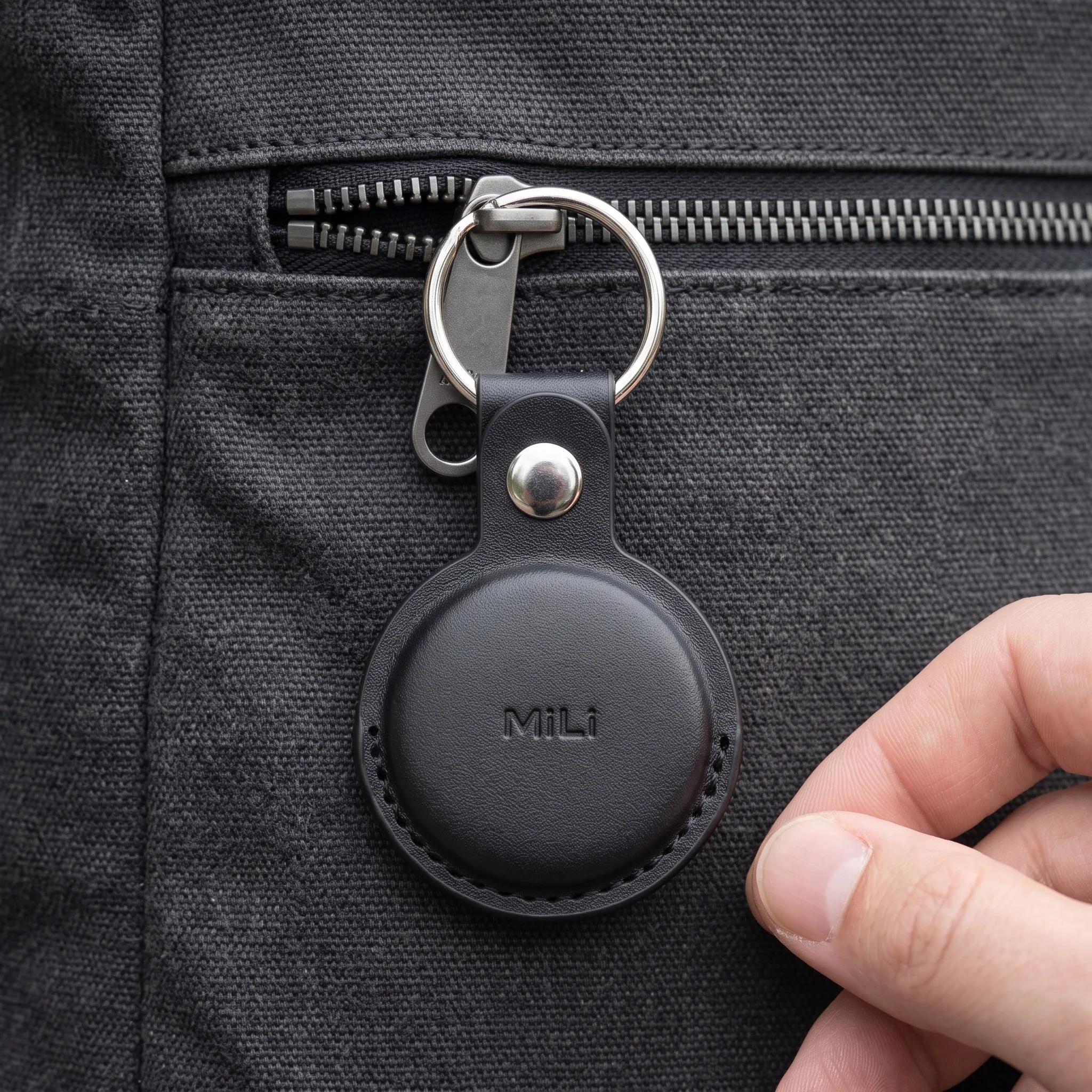 Tracker MiLi MiTag Duo en su funda de cuero negra, colgado del cierre de una mochila de lona