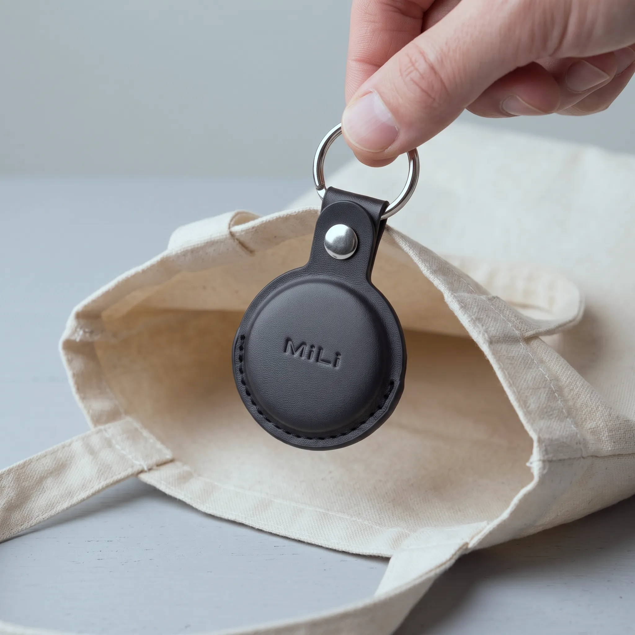 Una mano levanta el tracker MiLi MiTag Duo del interior de un bolso de lona, sosteniéndolo por su aro de acero