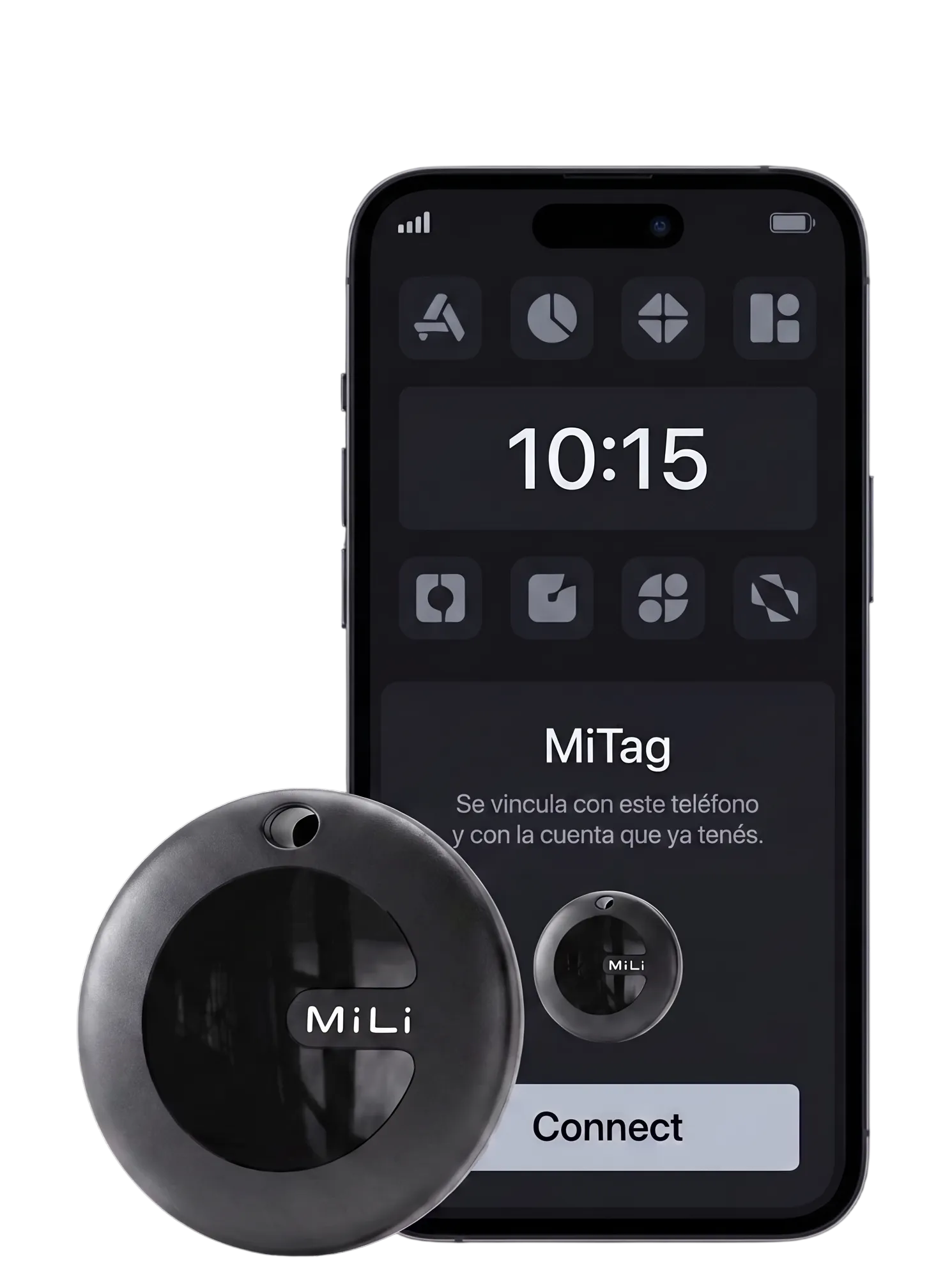 El rastreador MiLi MiTag Duo delante de un teléfono que muestra un aviso para vincularlo, con un botón para confirmar. Imagen de pantalla simulada.