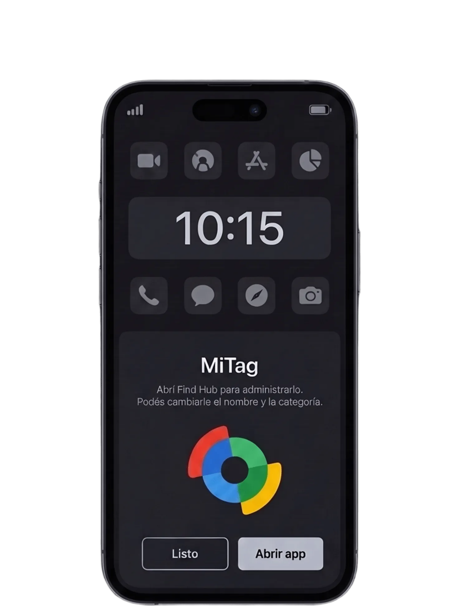 Un teléfono mostrando la ficha del MiLi MiTag Duo ya vinculado, con el logo de Find Hub y un botón para abrir la app. Imagen de pantalla simulada.