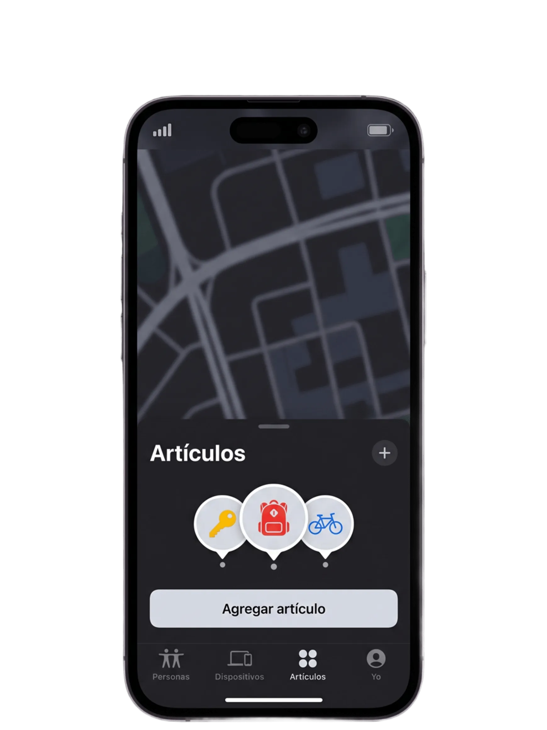 Un teléfono mostrando la pestaña Artículos de la app, con tres objetos marcados en el mapa y un botón para agregar un artículo. Imagen de pantalla simulada.