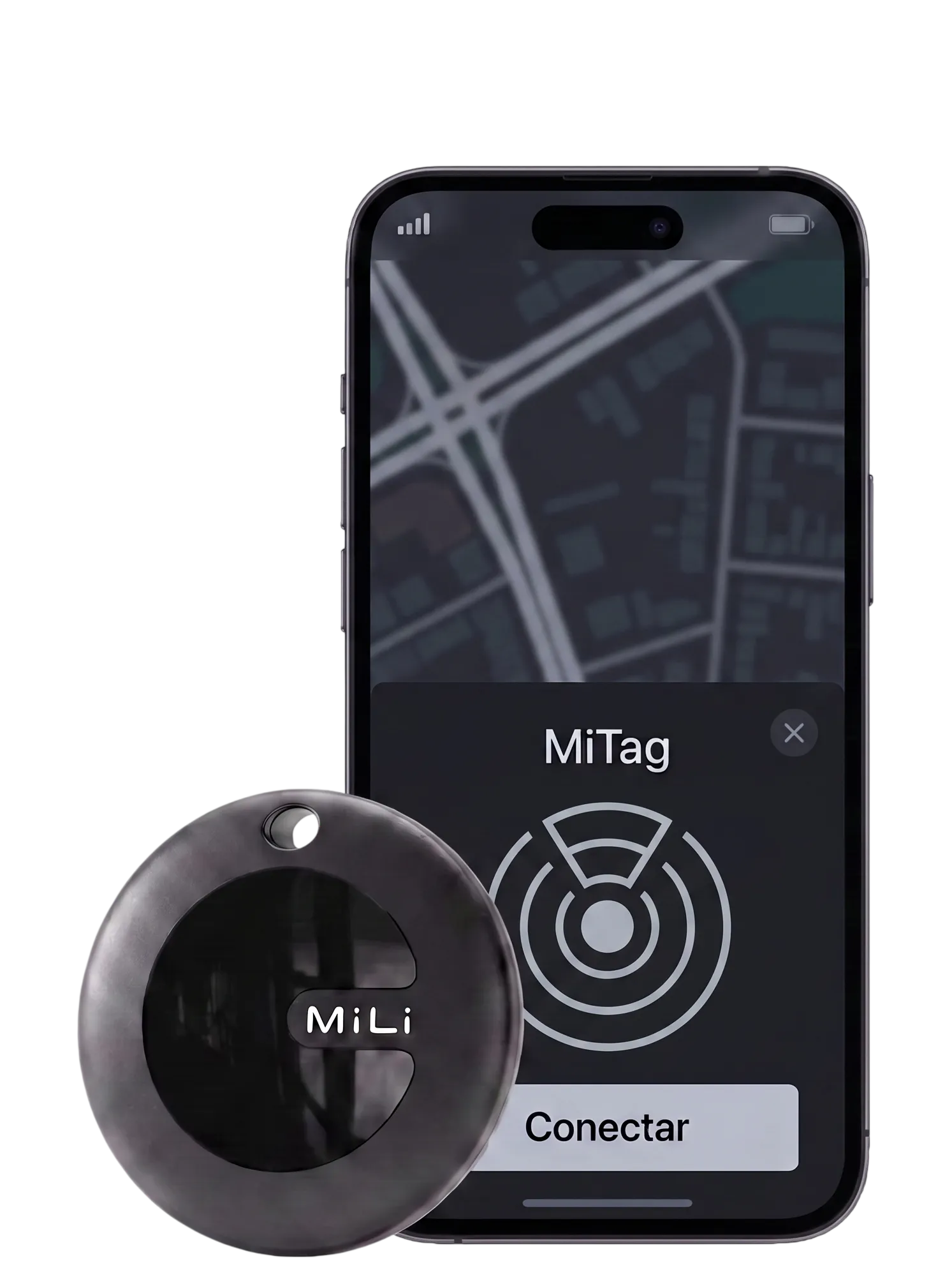 El rastreador MiLi MiTag Duo delante de un teléfono que muestra un aviso para conectarlo, con un botón para confirmar. Imagen de pantalla simulada.